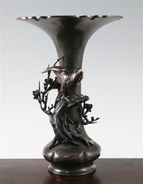 A Japanese patinated bronze falcon vase, signed Seiya Saka, Meiji period, height 31.5cm